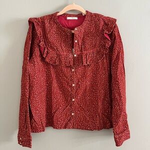 DOEN Austen Ruffled Floral Print Cotton Corduroy Blouse in Size M